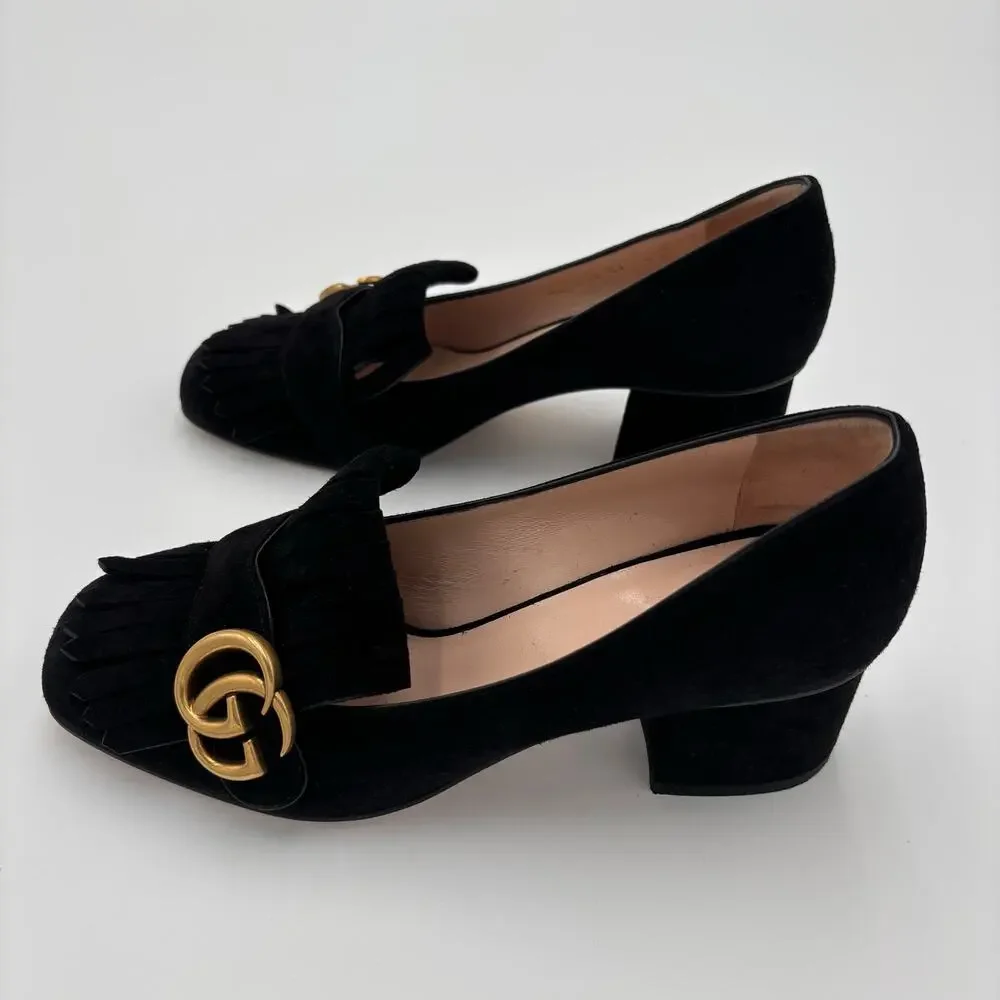 Gucci Marmont GG Fringe Kiltie Block Mid Heel Loafer Pumps Black Suede Size 37 - Picture 8 of 15